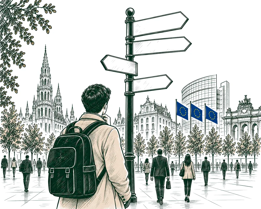 A young man at a signpost in Brussels