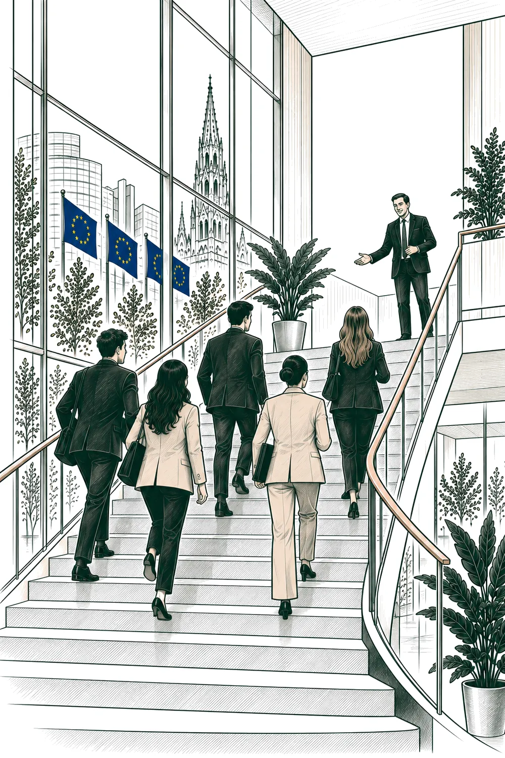 Young participants walking up the stairs of an EU building, welcomed by a professional